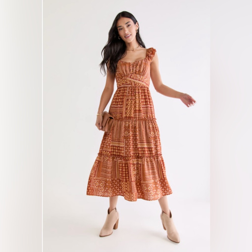 NWT‎ Teresa Tiered Bow Back Midi Dress - Francesca's - Rust